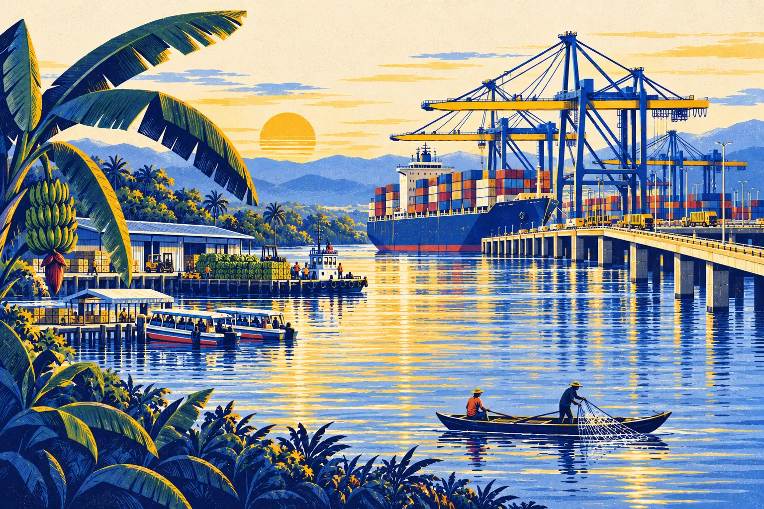 Ilustración de los puertos de Urabá: un portacontenedores bajo las grúas del muelle y su viaducto, un embarcadero bananero, lanchas de pasajeros y pescadores en una canoa.
